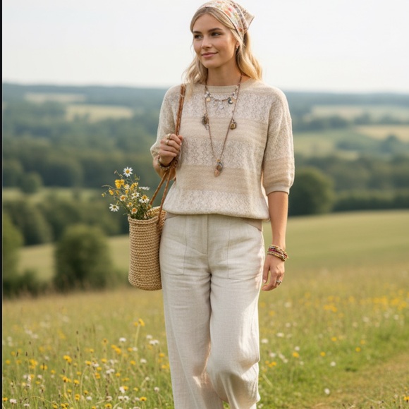 Vintage Linen Cottagecore Boho Prairie Lace Short Sleeve Sweater Large - Picture 2 of 8